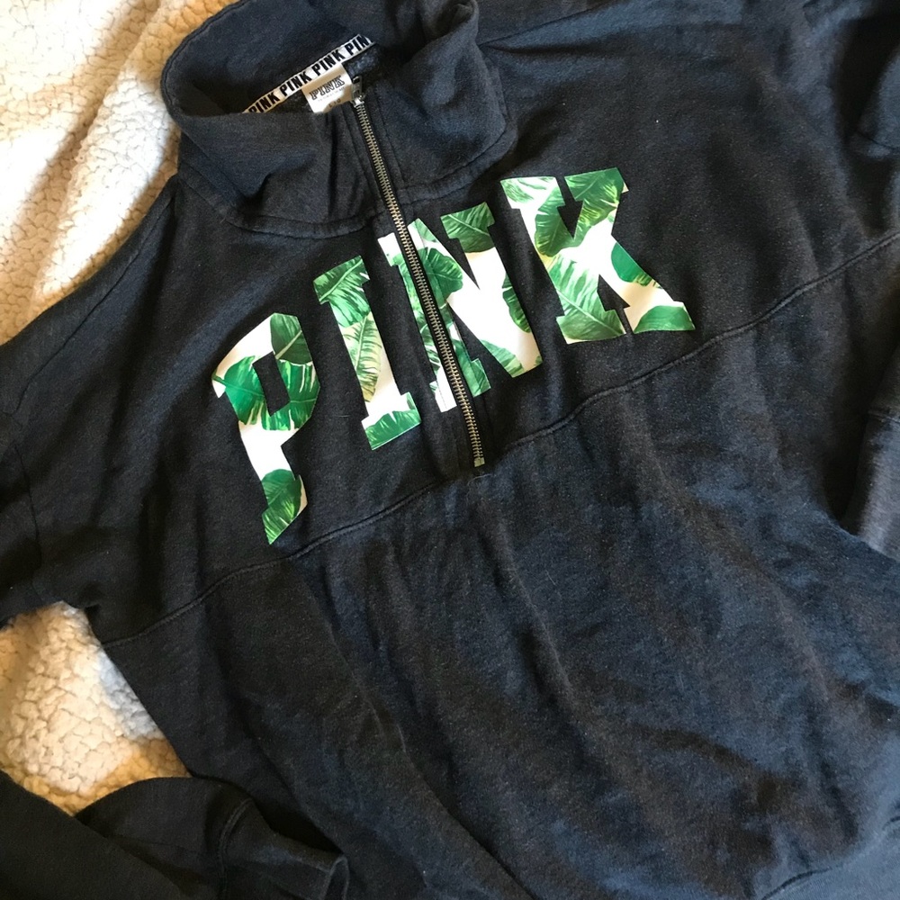 PINK palm leaf pink quarter zip sweater